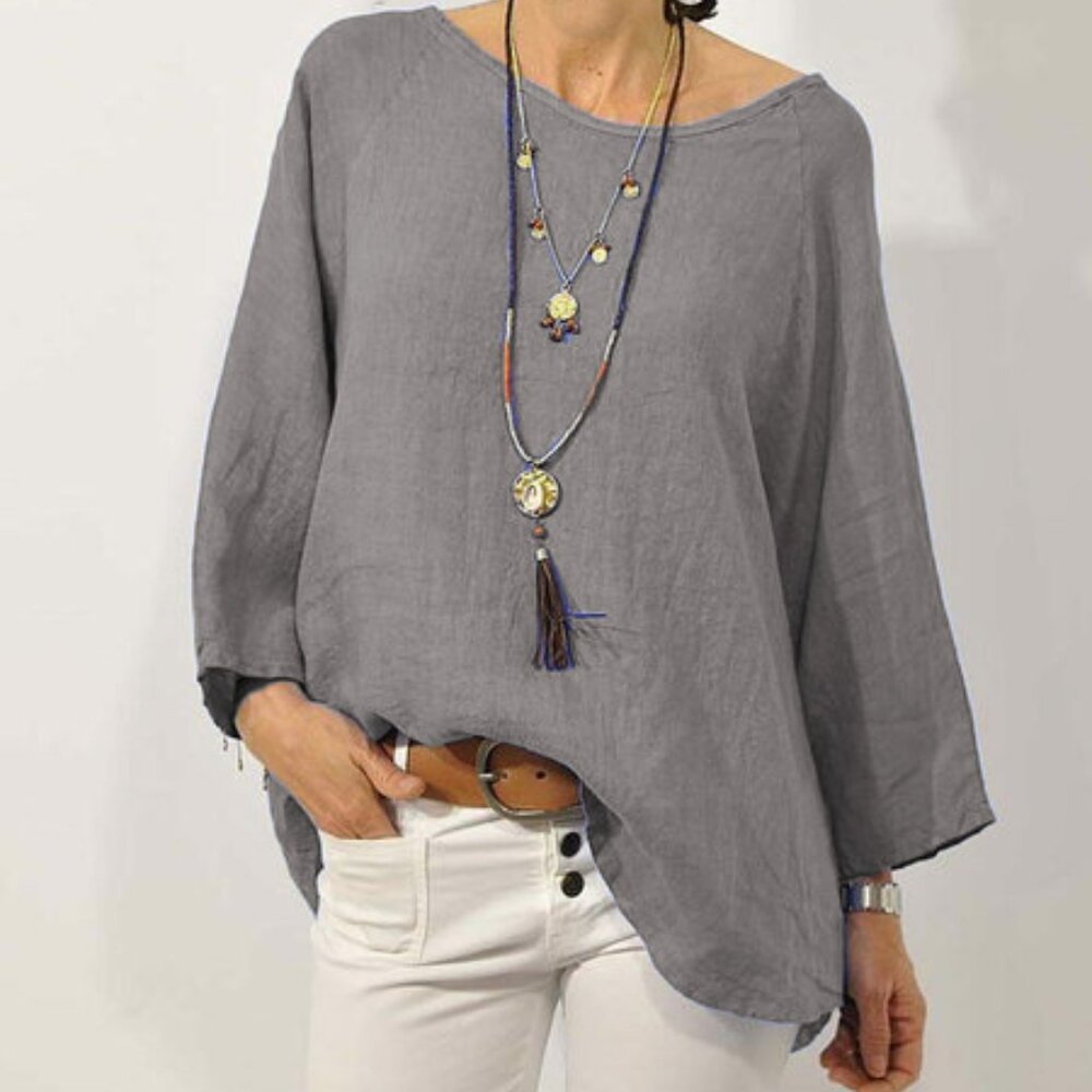 2/$50 Grey Long Sleeve Blouse Round Neck Loose Pullover Shirt T-Shirt Top Women
